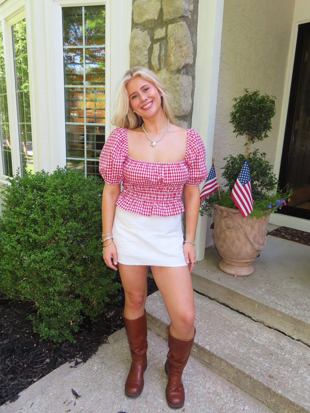 Red and White Check Puff Sleeve
